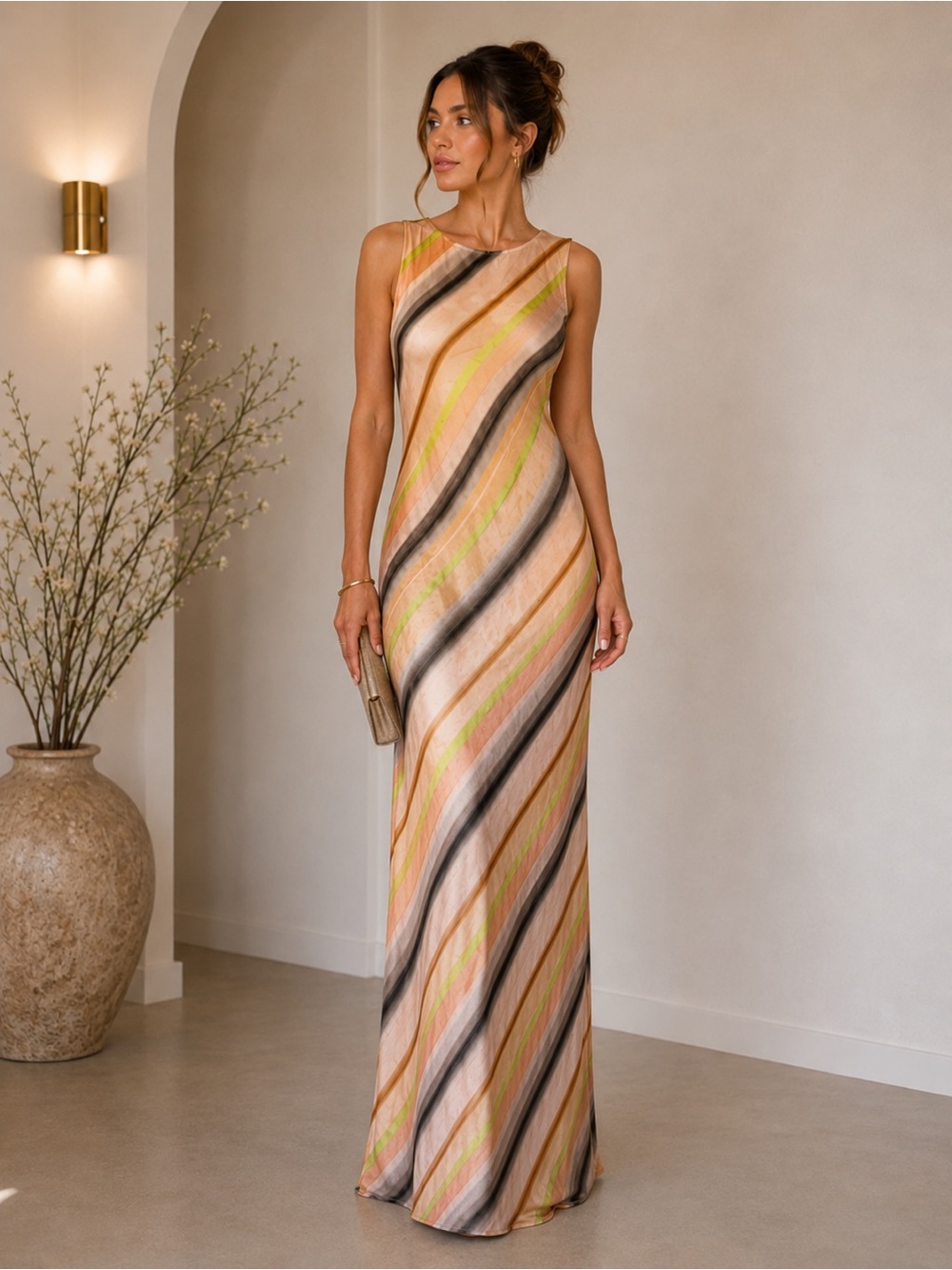 Topshop Abstract Stripe Maxi Dress | Y2K Art Print Bodycon Evening Dress